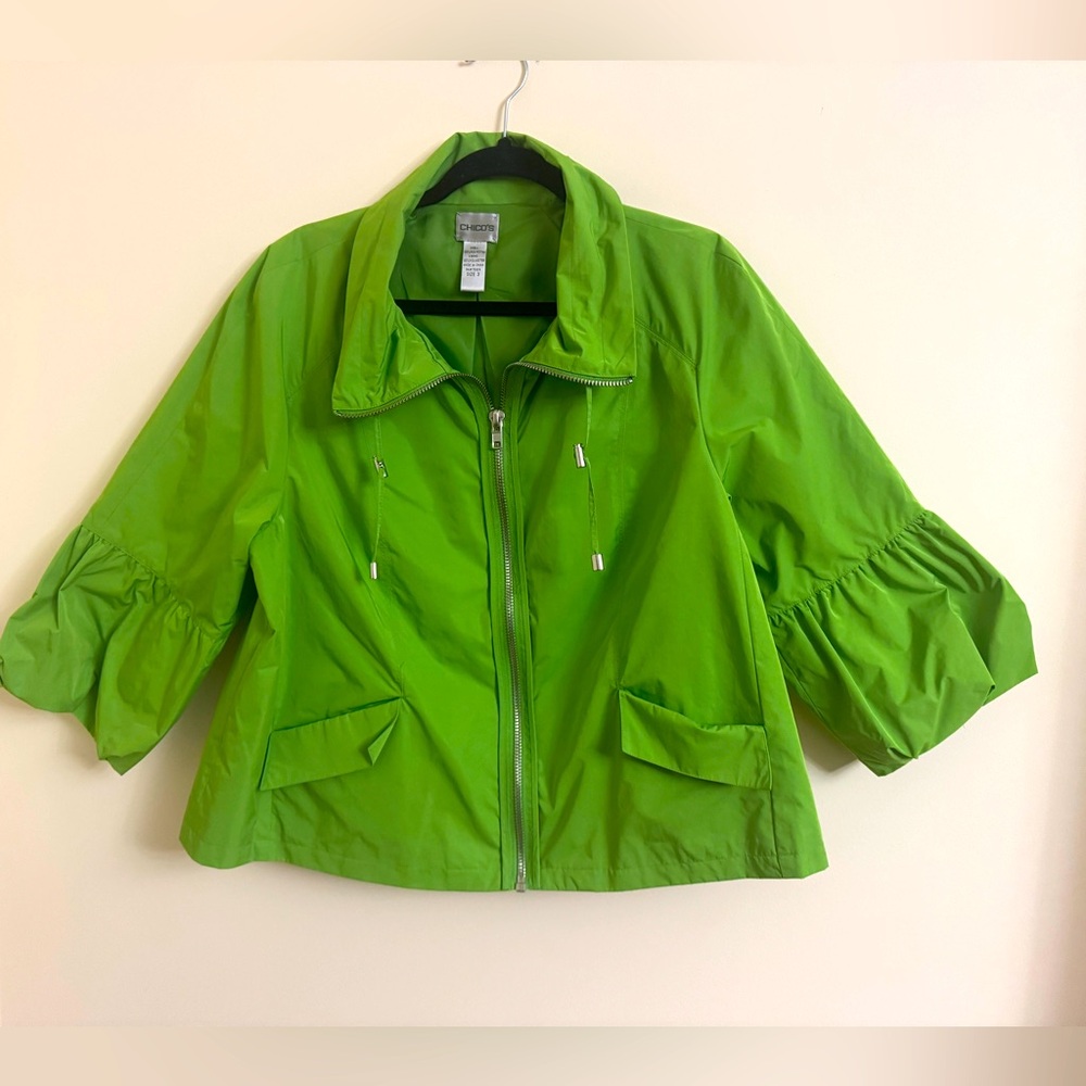 Chico's Women 3/4 Sleeve Full Zip Windbreaker Jacket Green Size 3 (US 16) EUC